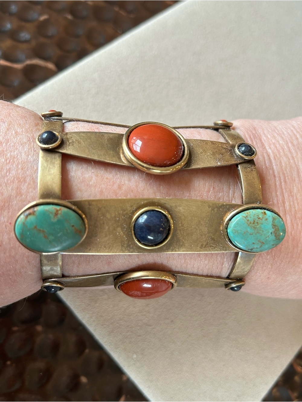 Jan Thomas 80s signed Stone Brass Cuff Bracelet in Turquoise, Coral and Lapis - Picture 2 of 11